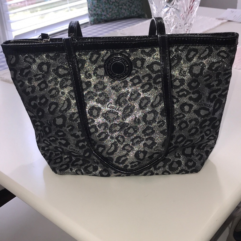 Coach Purse with black and silver cheetah print.